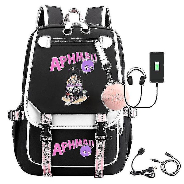 Aphmau Anime -reppu 3D-tulostettu piirretty Oxford-vesitiivis täyspyöreä USB-koululaukku pojille ja tytöille, opiskelijoille, suuri kapasiteetti -yvan 13