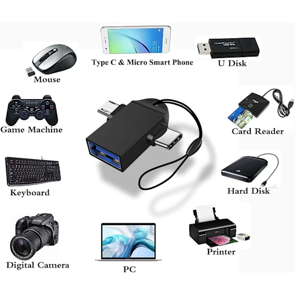 2-i-1 Micro USB/USB-C til USB 3.0-adapter med kabel (2-pakning), Seminer USB C til USB-adapter, Micro til USB-konverter A-adapter, sort