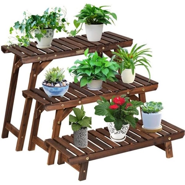 COSTWAY træplantehylde 3 niveauer, stigeplanteholder Længde 70 cm til have, terrasse, altan