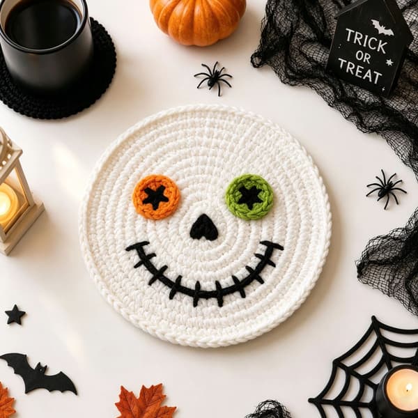 Heklede Halloween-brikker, håndlagde gresskar-spøkelse-monster-garn-drikkebrikker til borddekor Skull Clown