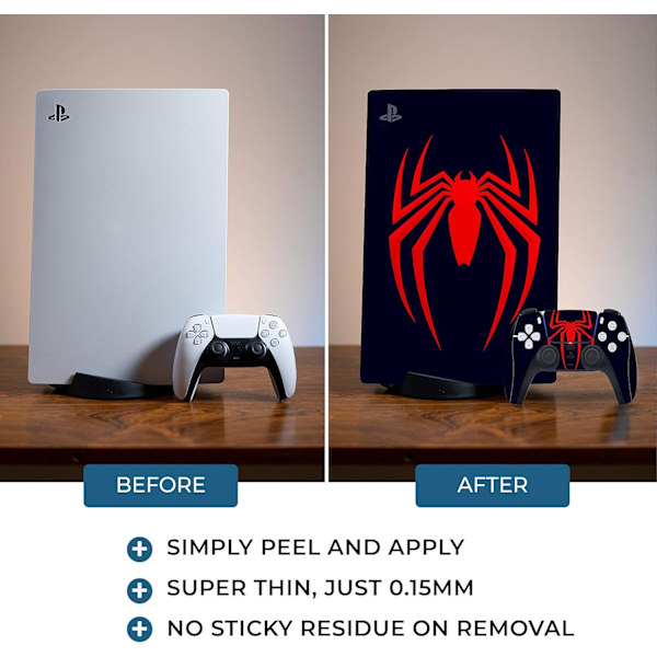 Ps5-kuori, punainen hämähäkkikuvio, vinyylitarrat Sony Playstation 5 -levykonsolille ja kahdelle Dual Sense 5 -ohjaimelle, Miles