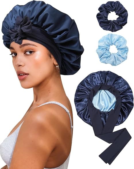 Satin Bonnet til Søvn Kvinder Dobbelt Lag Hårhætte med 2 stk. Hårelastikker Elastisk Bånd Nathætter Navy Blue + Light Blue