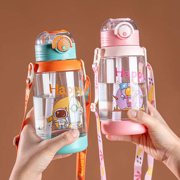 Vattenflaska barn med sugrör dricksflaska 600ml Rosa