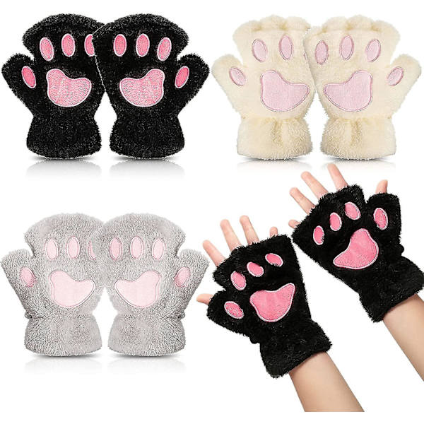 Katteklo Mittens 3 Par Kawaii Mittens Kattekloer Cosplay Kunstig Pels Blød Kattemittens Løvepote Fingerløse Mittens til Piger Kvinder