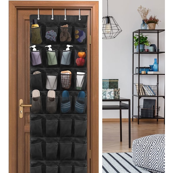 Overdørs Skostativ, Hængende Skostativ med 28 Store Netlommer og 4 Metal Kroge (Sort)