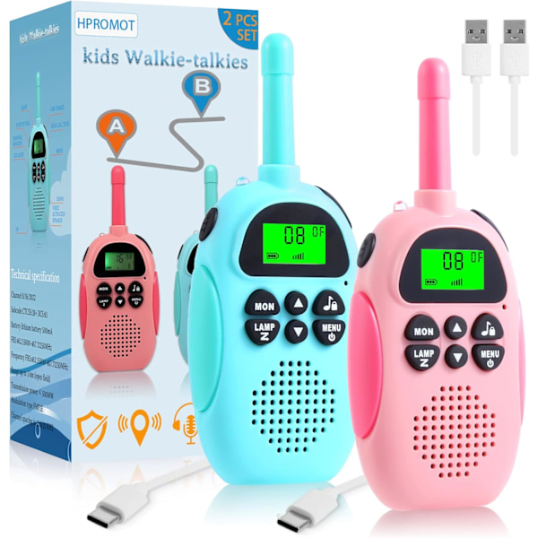 Barne Walkie Talkie, 2 stk. Oppladbare Barne Walkie Talkie Rosa+Blå