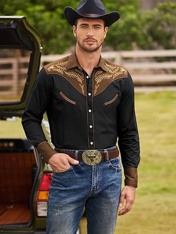 Cowboy skjorte til mænd, afslappet langærmet skjorte med knapper, sort black L