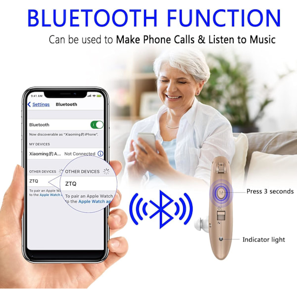 Høreapparat for eldre, oppladbar Bluetooth personlig lydforsterker