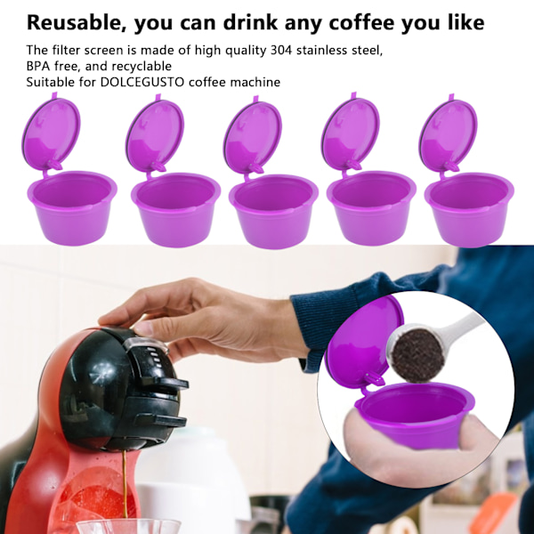 5 stk. 50 ml kaffekapsler genanvendelig kaffefilterkop med ske til DOLCE GUSTO kaffemaskine Lilla[qb]