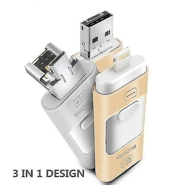 128GB 3 in 1 USB-muistilaajennusmuistitikku Otg Pendrive iPhonelle Ipad Android Pc:lle (kulta) Kulta 128GB