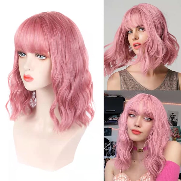 Skulderlangt kort krøllet fuld pandehår kvinders bølget bob paryk (Pink)