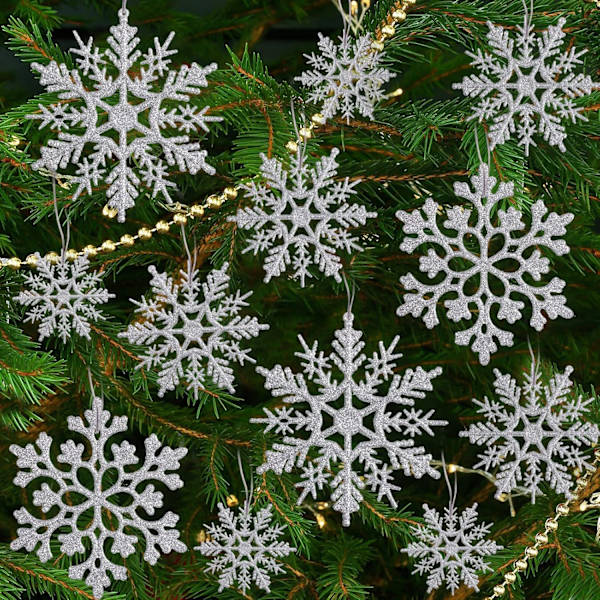 36-pack Silver Snowflake Ornament - Plastglitter Snöflingor för Jul och Vinter
