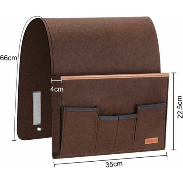 Sofa Armrest Organizer, Armlæn Opbevaringspose med 5 Lommer, Betræk til Fjernbetjening, iPad, Magasin, Briller (Brun)