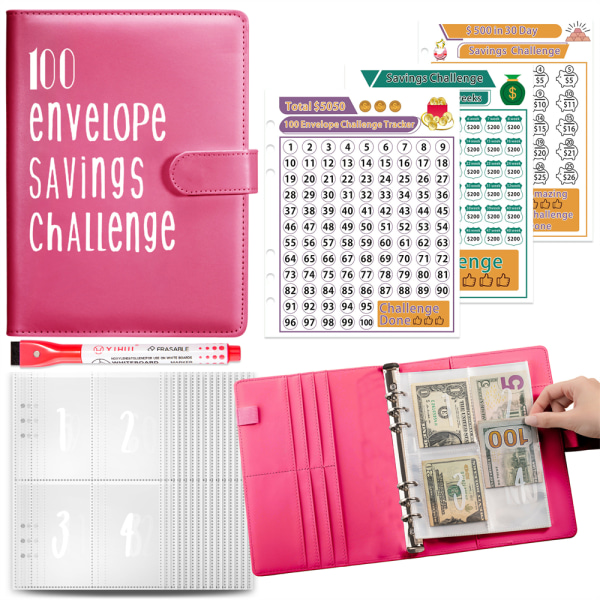 100 kuverter Penge til at spare udfordring mappe, A5 budget mappe med kontant kuvert Pink