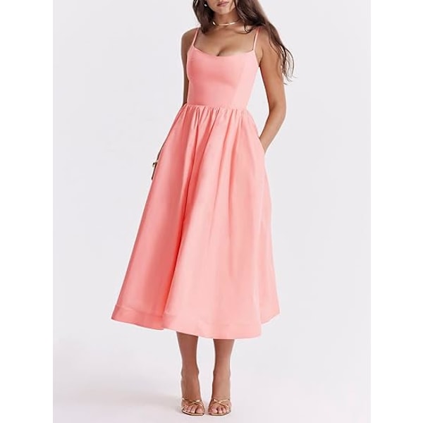 Naisten rento ja virtaava midi-mekko - Spagetit hihnat - Neliöaukko - Selästä avoin korsetti - Pitkä mekko - Cottagecore-kesämekko - Ranta-asu Pink XL