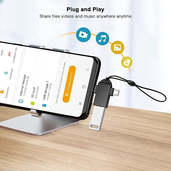 2-in-1 Micro USB/USB-C - USB 3.0 -sovitin kaapelilla (2-pakkaus), Seminer USB C - USB -sovitin, Micro - USB -muunnin A -sovitin, musta