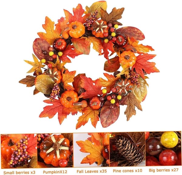 Efterårskrans, Efterårshøstkrans til hoveddør Jul Efterår Halloween Thanksgiving Dekoration