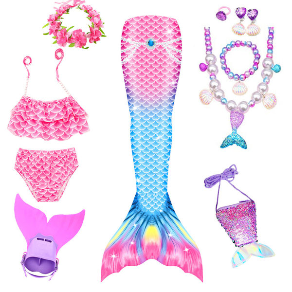 9 Piece Girls Mermaid Fin Swimsuit Princess Bikini Swimwear Set Including Monofin MY10