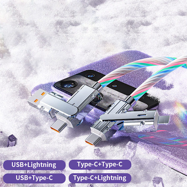 4-i-1 180 graders RGB-strømningslysende USB-ladekabel type C og A1