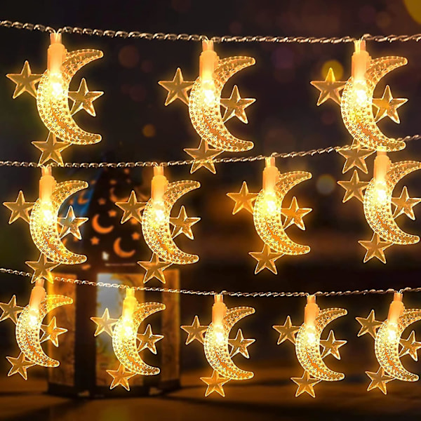 40 LED Ramadan-dekorasjoner Stjerne- og månesnorlys for Ramadan Mubarak, hjem, gardin, utendørs og