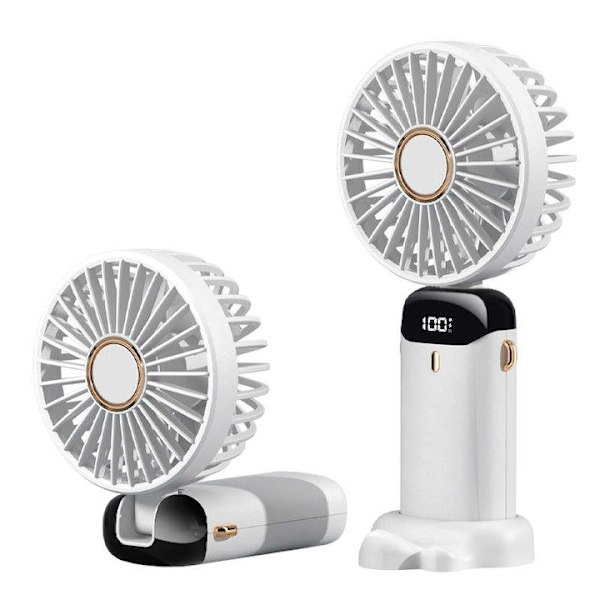 Ultralight Fan, 3 in 1, Handheld, Desk, Neck, 5 Speed, Foldable, with LCD Display, White