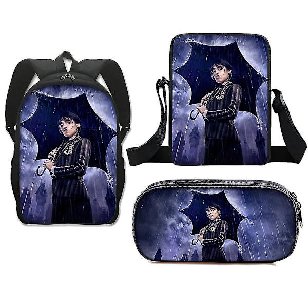 3-osainen setti Wednesday Adams koululaukku Reppu + kynäpussi + pieni laukku Style 13