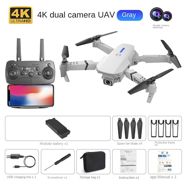 E88E525 sammenleggbar drone med høy oppløsning luftfotohode fast høyde quadcopter fjernkontroll fly Grå 4K dobbelt kamera Gray 4K dual camera Dual battery