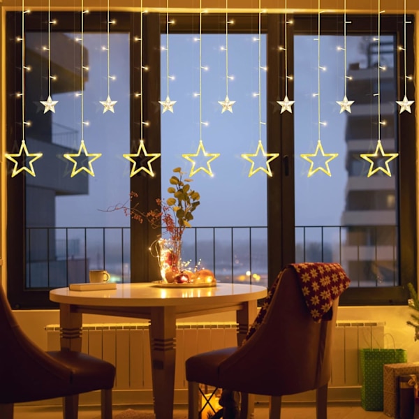 Julelys med LED-stjerner, gardinlys med 12 stjerner, 138 lyskæder med 8 blinkende lys, hjemmedekor, USB/batteridrevet (A - varm hvid)