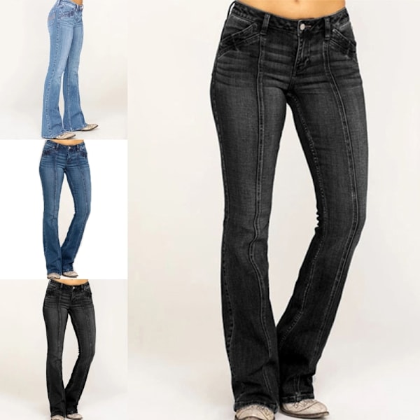 Kvinnors låga utsvängda jeans stretchiga jeans klockbottnar svart svart Black XS