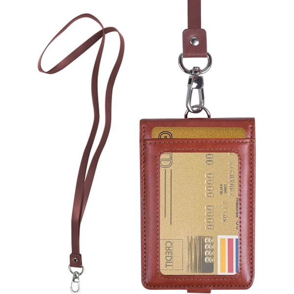 Brun - ID-kort holder med snor Vertikal læder ID-badge