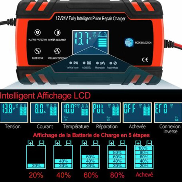 8A 12V/24V Smart Bil- og Motorsykkel Batterilader, Bilbatterilader Vedlikeholdslader, 3-trinns Batterilader og Automatisk Repareringsfunksjon.