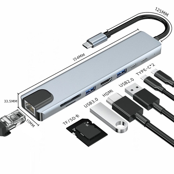 8 i 1 USB HUB Type-C Splitter 4K HDMI PD Laddningsdocka USB 3.0