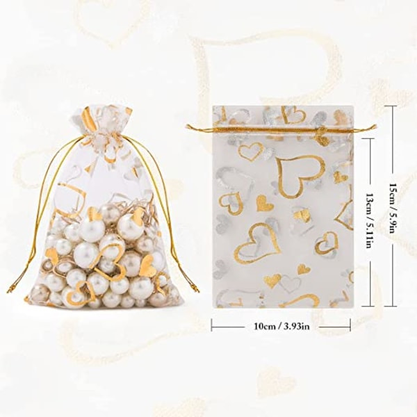 105 stk. Organzaposer, 10 x 15 cm Hvidt hjertemønster Organza gaveposer med snøre, Smykkeposer Lavendelposer Slikposer Bryllupsgaver