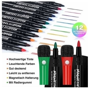 12 sett magnetiske whiteboard-penner og viskelær 150