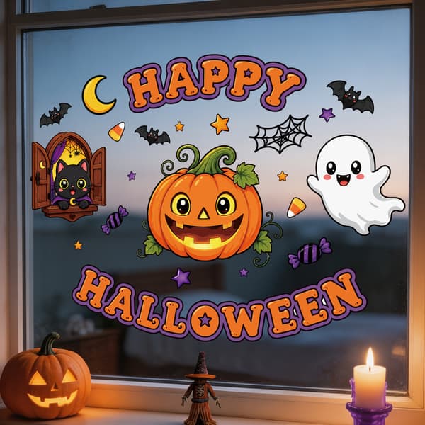 Halloween-ikkunatarrat, kurpitsa-aave musta kissa hämähäkinseitti-tarrat