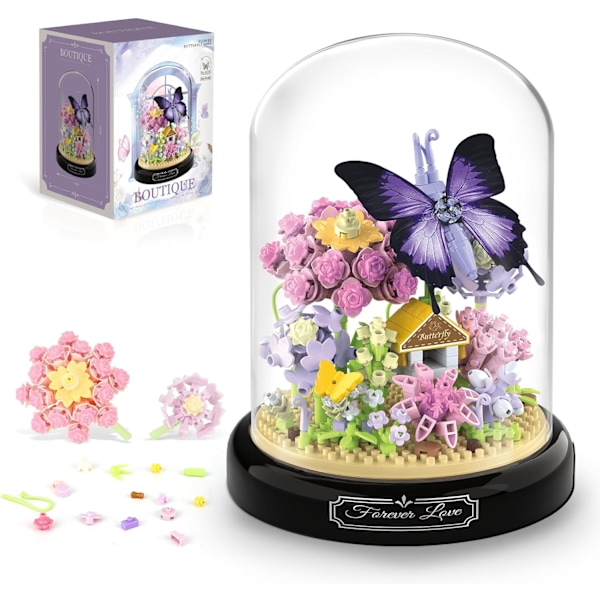 Flower Bouquet Building Kit for Adults, Animals Flowers 582 PCS Botanical Collection Mini Building Blocks Set, Valentine's Day for Her Mom(Butterfly)