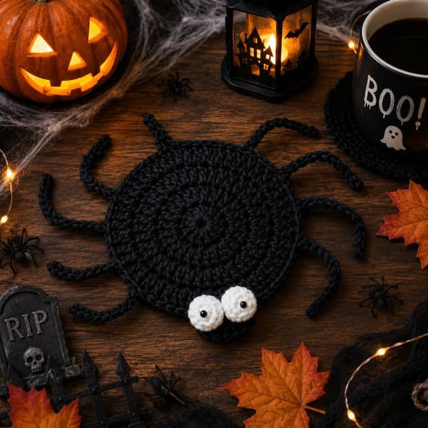 Heklede Halloween-brikker, håndlagde gresskar-spøkelse-monster-garn-drikkebrikker til borddekor Button Ghost