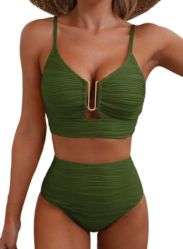 Bikini för kvinnor med V-ringning och utskärningar, högmidjad texturerad plisserad baddräkt S B