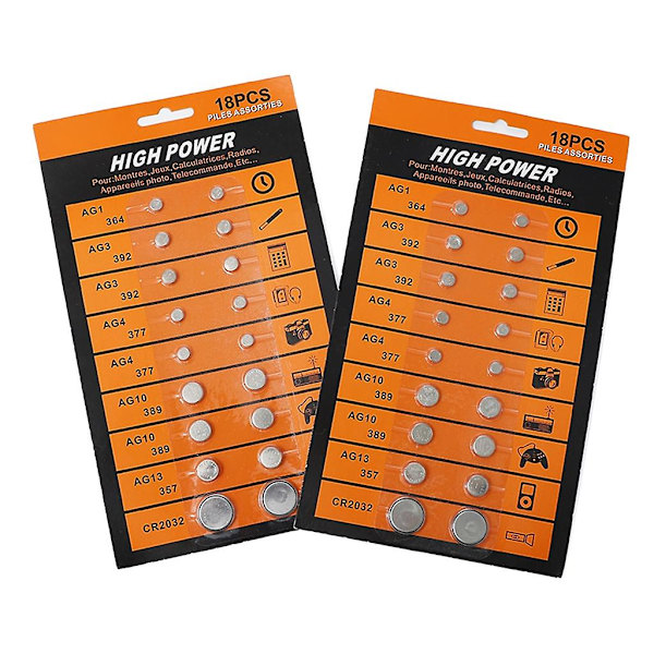 18 Delar Alkaliska Knappcellsbatterier Set Ag1/lr621 Ag3/lr41 Ag4/lr626 Ag10/lr1130 Ag13/lr44 Cr2032 Myntbatterier för Klocka