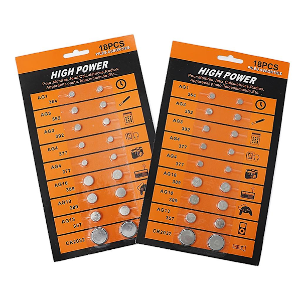 18 kappaleen alkalinen paristokotelo Ag1/lr621 Ag3/lr41 Ag4/lr626 Ag10/lr1130 Ag13/lr44 Cr2032 kolikkoparistoja kelloon
