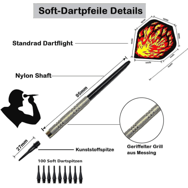 Dart-sæt, 12 stk. bløde dartpile med bløde spidser til elektronisk darttavle med ekstra 42 dart-flights og 100 sorte plastik-dartpile