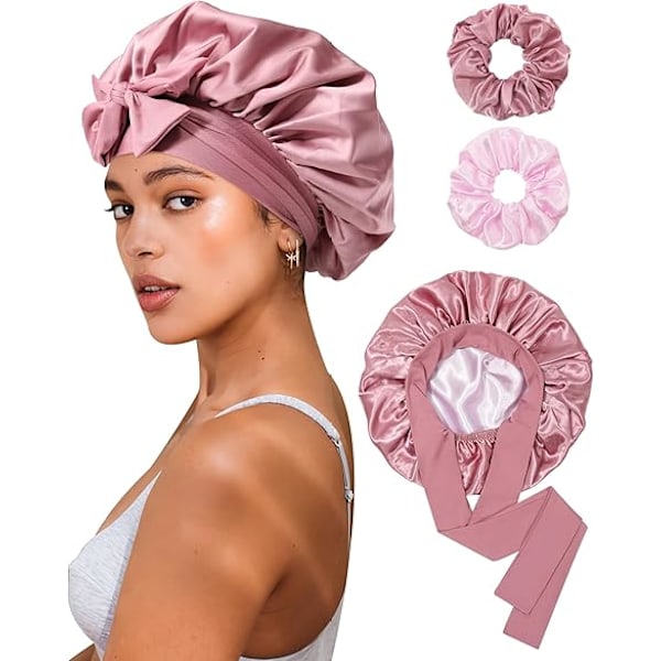 Satin Bonnet för Sömn Kvinnor Dubbellager Hårhatt med 2 st Hårsnoddar Elastiskt Band Nattkläder Bean Paste + Pink