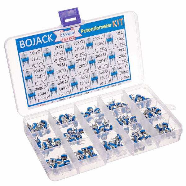 15 värden 150 stycken 100 Ohm - 2M Ohm variabelt motståndsklassningssats 6mm potentiometer packad i transparent plastbox