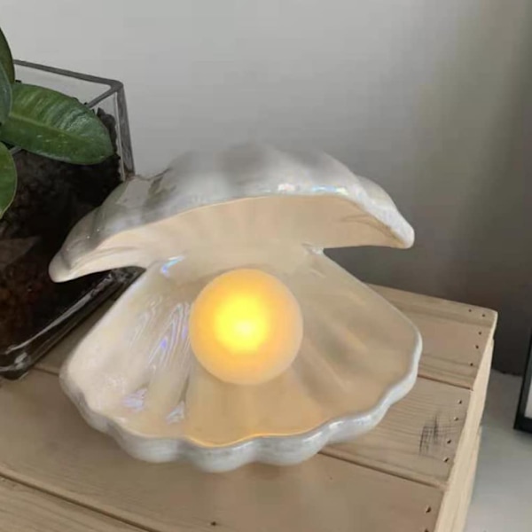 Nattlampa i pärlvit keramik i form av en snäcka, LED-driven, bärbar, batteridriven, stämningslampa, heminredning för kvinnor, flickor, sovrum, vardagsrum (vit)