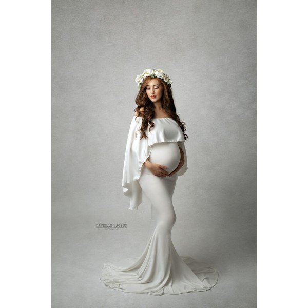 Dame Cape Mammakjole Baby Shower Slim Fit Lang Maxikjole Fotograferingskjole for Fotografering (XL, Hvit)