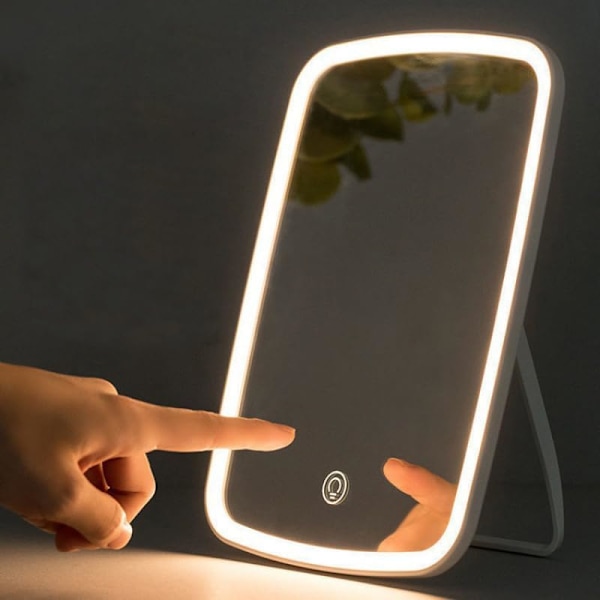Lader Makeup-Speil med LED-lys, Bærbar Opplyst Makeup-Speil, 3 Fargebelysning, Dimbar Berøringsskjerm