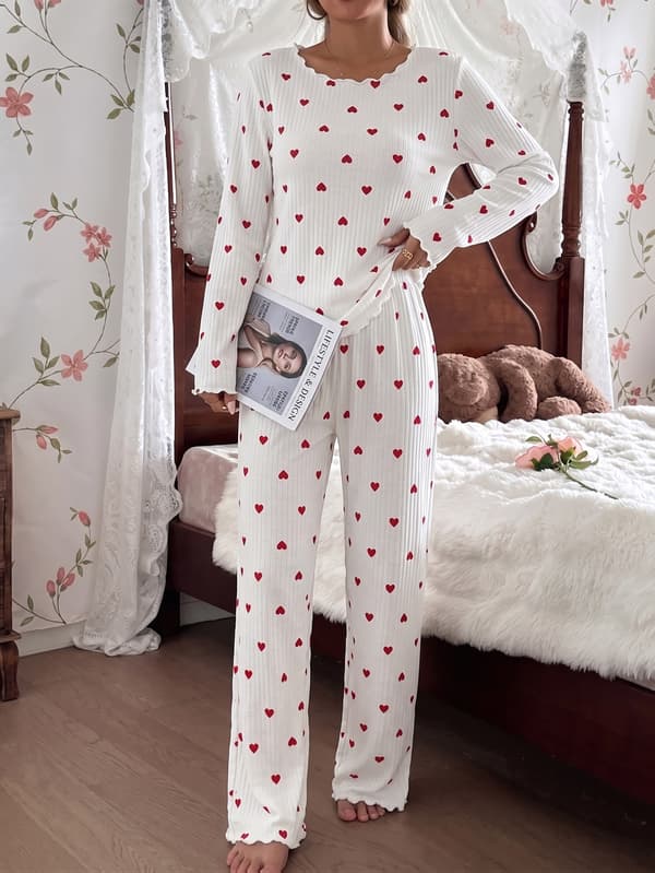 Ribbat pyjamasset för dam med hjärtmönster, långärmad tröja och loungebyxor med elastisk midja, varma vintersovkläder XXL White