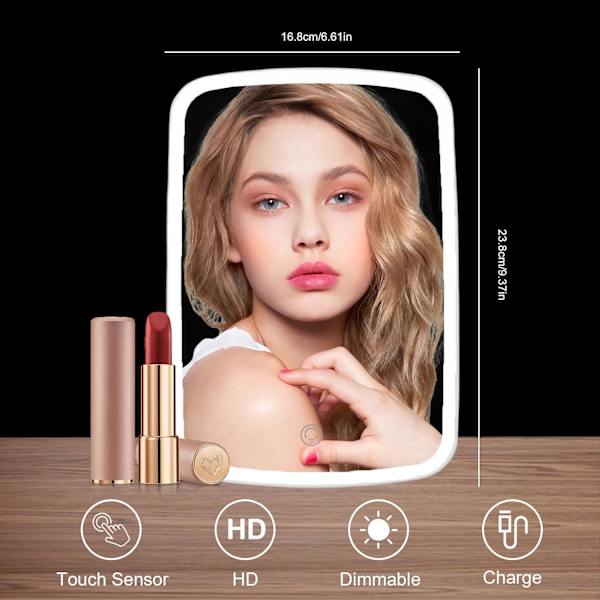 Lader Makeup-Speil med LED-lys, Bærbar Opplyst Makeup-Speil, 3 Fargebelysning, Dimbar Berøringsskjerm