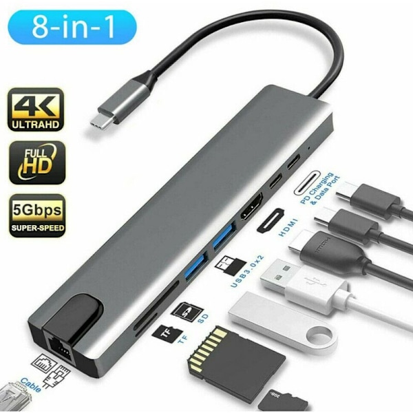 USB C Hub Adapter, 8 i 1 Mac Tilbehør USBC Adapter 4K HDMI, Ethernet, 2 USB 3.0, SD/TF Kortleser