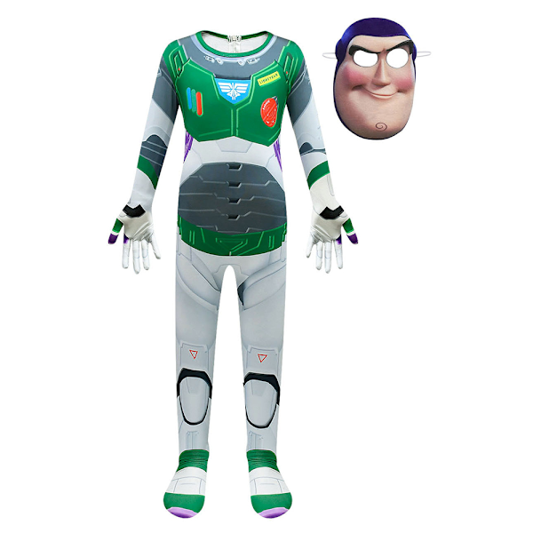 Halloween Buzz Lightyear Cosplay-antrekk Karneval Barnekostyme Jumpsuit Bodysuit + Maske Fancy Dress Up Space Ranger Klassisk Kostyme 130 cm